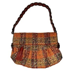 AUTHENTIC Salvatore Ferragamo VINTAGE Orange Green Tweed Multicolor Shoulder Bag